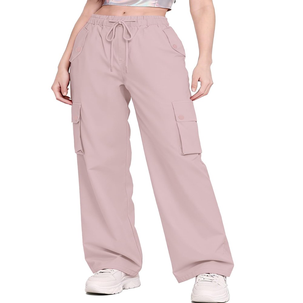 Betusline Girl's High Waist Wide Leg Cargo Pants Y2K Parachute Pants with Pockets and Drawstring, Pink, 6-7 Years = Tag 130