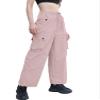 Betusline Girl's High Waist Wide Leg Cargo Pants Y2K Parachute Pants with Pockets and Drawstring, Pink, 6-7 Years = Tag 130 view 4