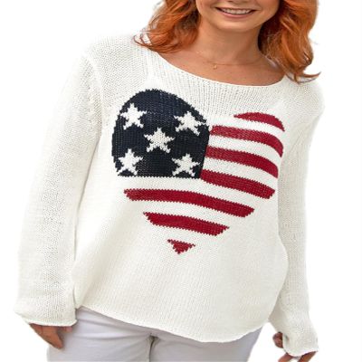 Vintage American Flag Sweater for Women Graphic Print Flag Casual Loose Pullover Patriotic 4th of July Knit Jumper Top(Heart White,L)