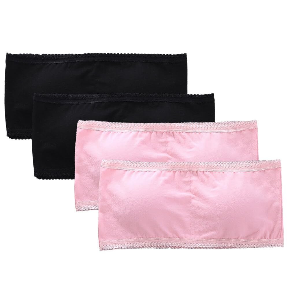 4 Pack Girls Bandeau Strapless Padded Bralettes Cami Wireless Tube Bra Seamless Lace Trim Cotton Bra for 8-14 Years
