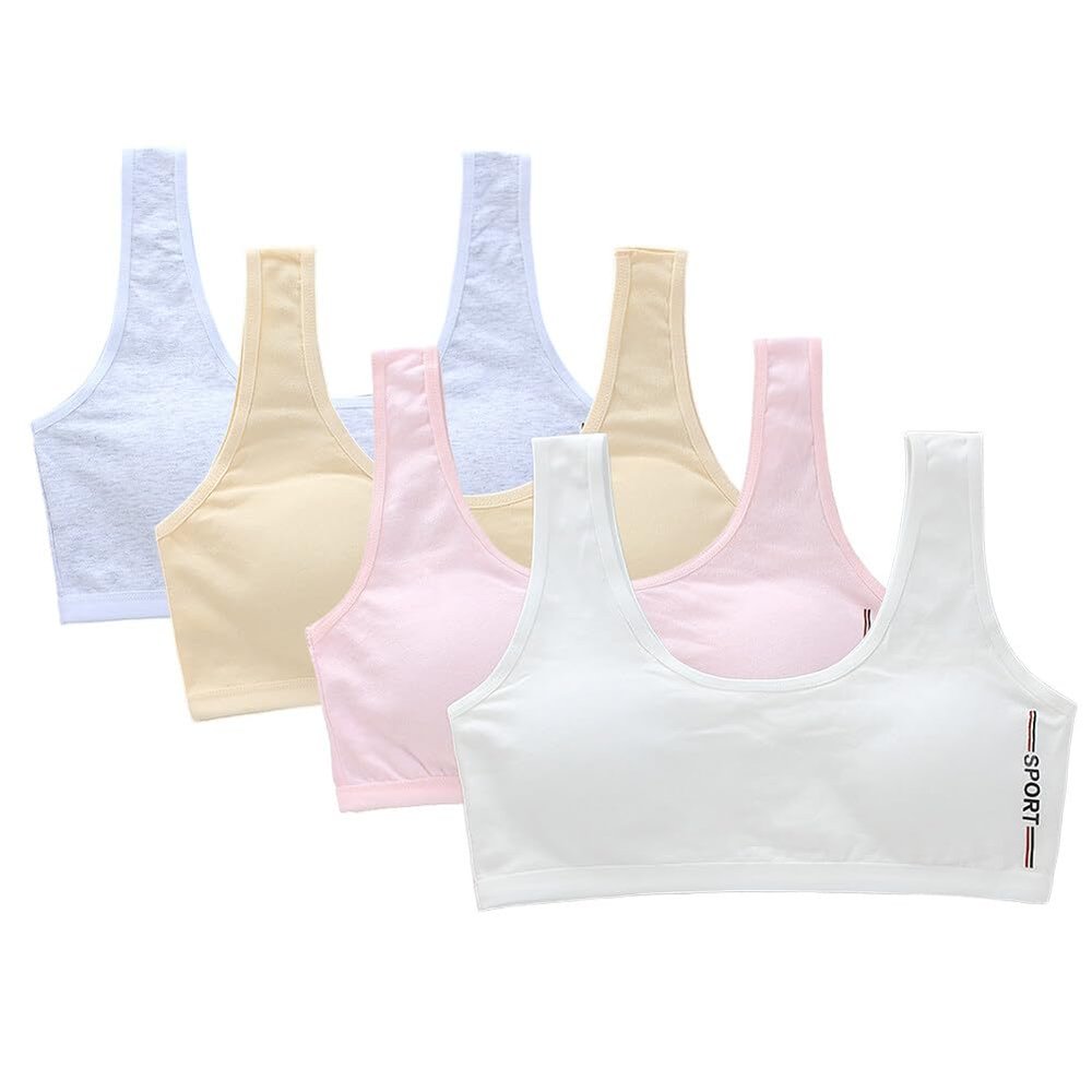 Katutude 4 Pack Teen Girls Sports Bra Training Bras Wireless Padded Bra Removable Pads Elastic Wide Strap Cotton Bra for 8-16 Years
