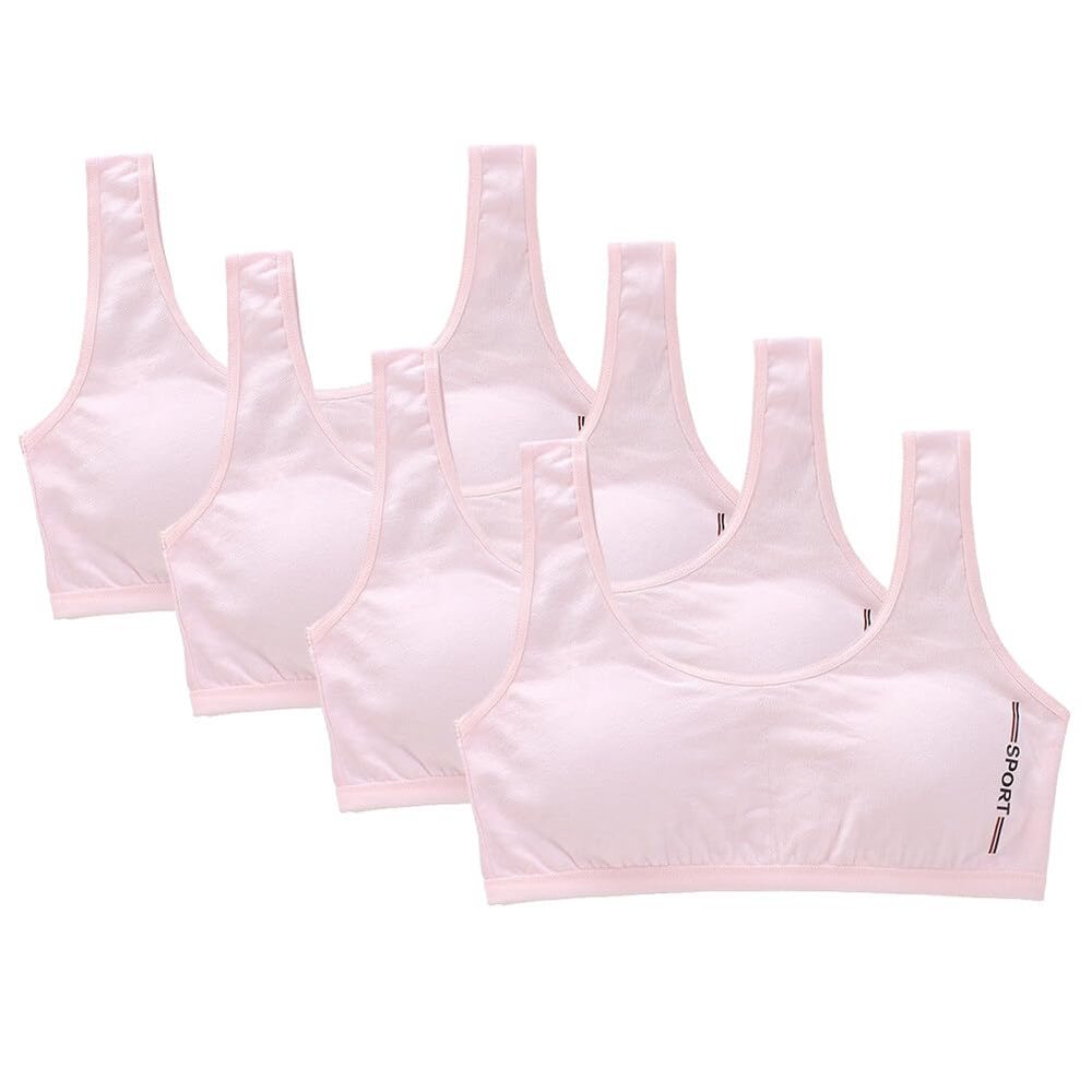 Katutude 4 Pack Teen Girls Sports Bra Training Bras Wireless Padded Bra Removable Pads Elastic Wide Strap Cotton Bra for 8-16 Years