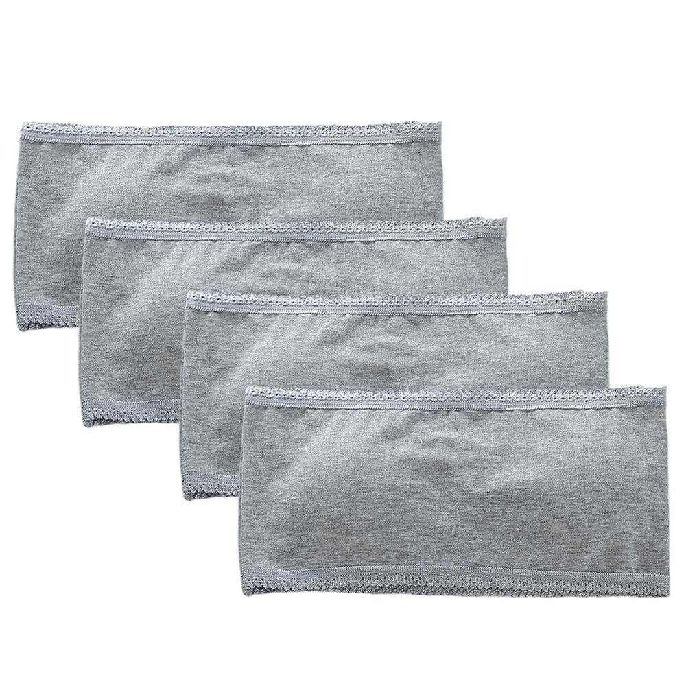 4 Pack Girls Bandeau Strapless Padded Bralettes Cami Wireless Tube Bra Seamless Lace Trim Cotton Bra for 8-14 Years Gray