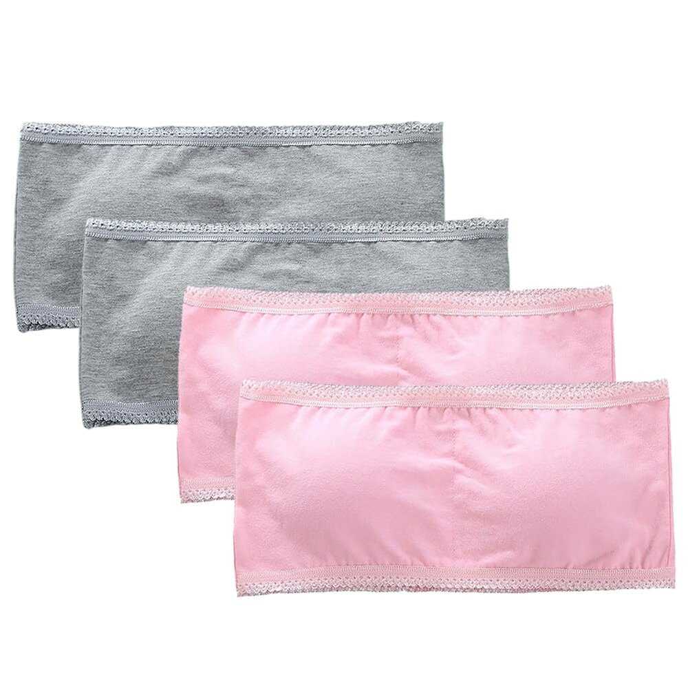 4 Pack Girls Bandeau Strapless Padded Bralettes Cami Wireless Tube Bra Seamless Lace Trim Cotton Bra for 8-14 Years