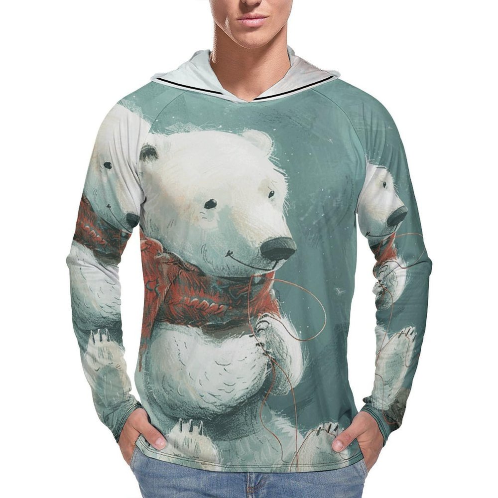 BTCOWZRV Men's Sun Protection Hoodie Shirts UPF 50+ Long Sleeve Rash Guard White Bear And Bird Sun Shirt Outdoor