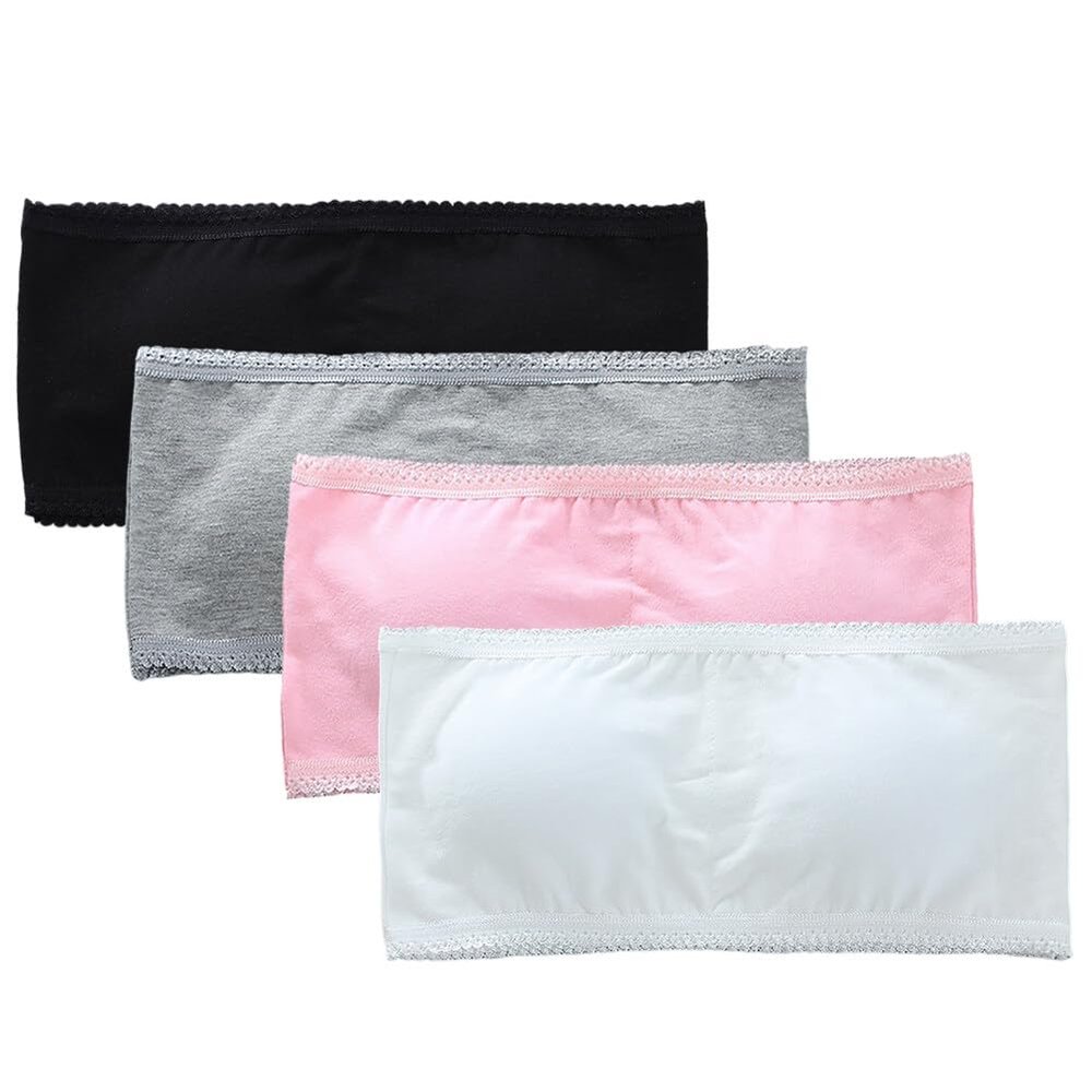 4 Pack Girls Bandeau Strapless Padded Bralettes Cami Wireless Tube Bra Seamless Lace Trim Cotton Bra for 8-14 Years