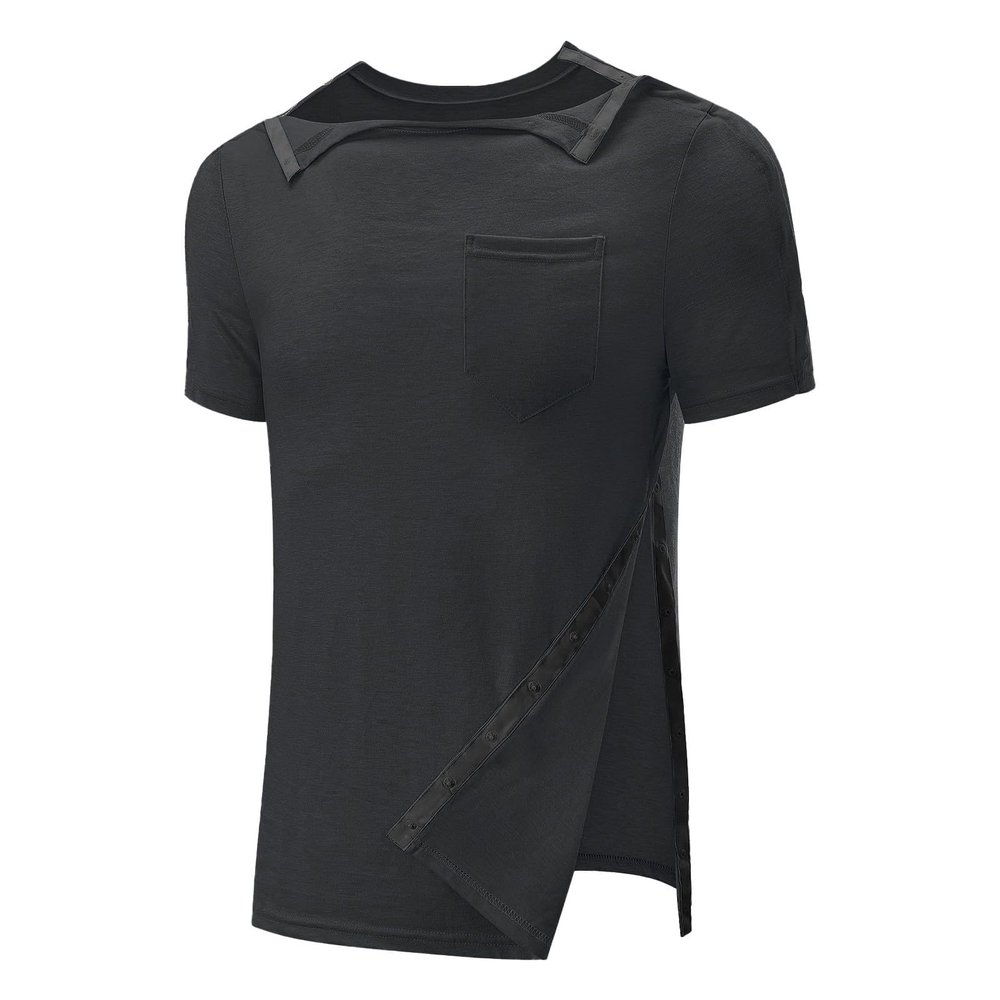 xoxingysm Unisex Mens Chemo Port Shirts Post Shoulder Surgery Recovery Shirts Chemo Clothing Tear Away Short Sleeve Full Open Side Snap Dialysis Chemo Clothing