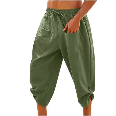 Linen Capris for Men Plus Size Drawstring Tapered Pants Elastic Waist Baggy Crop Pants Casual Summer Ankle Pants Army Green