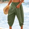 Linen Capris for Men Plus Size Drawstring Tapered Pants Elastic Waist Baggy Crop Pants Casual Summer Ankle Pants Army Green view 2