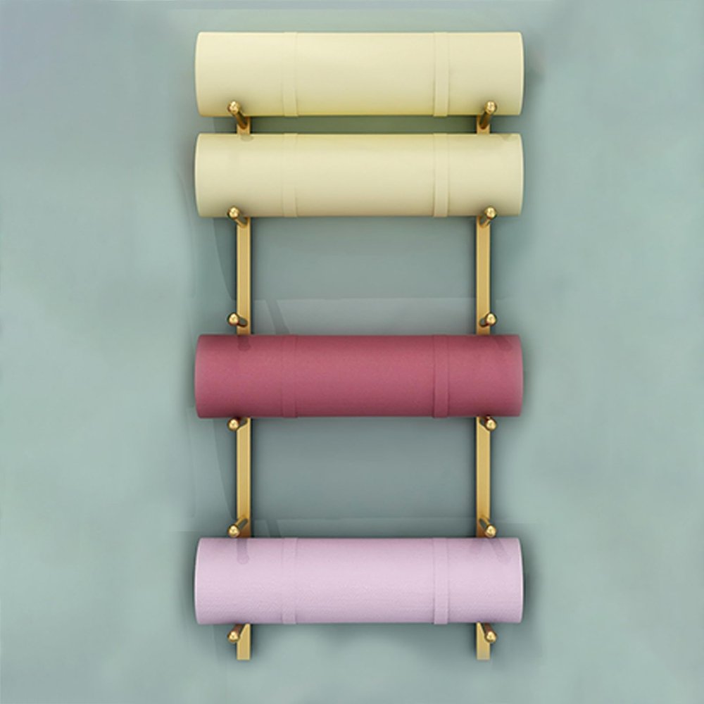 Vibeo Yoga Mat Holder Wall Mount Metal Yoga Mat Rack, Home Gym Office School Yoga Mat Storage Bin, 6 Tiers Yoga Mat Organizer for Foam Rollers, Skateboard(Gold)