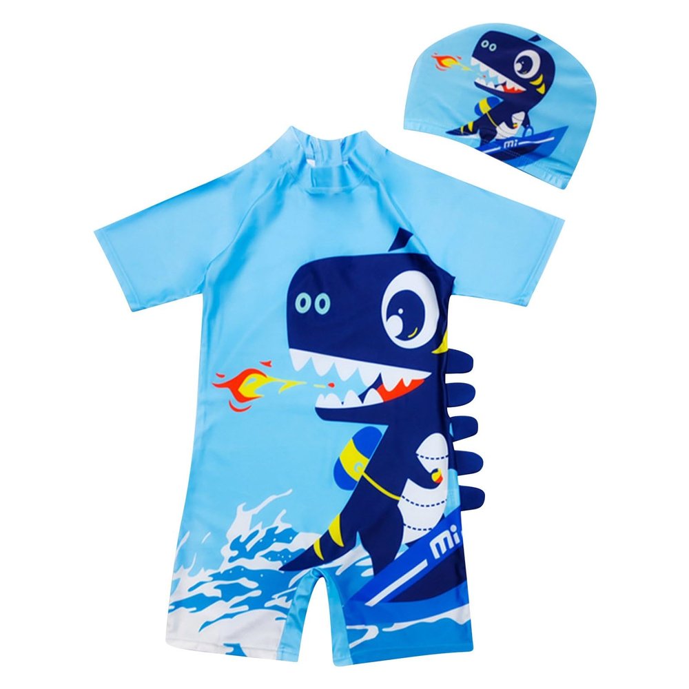 Kids Toddler Boys One  Rash Guard Swimsuit with Hat Short Sleeve UPF 50+ Sun Protective Bathing (A, 6-9 Years)