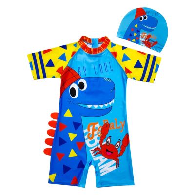 Kids Toddler Boys One  Rash Guard Swimsuit with Hat Short Sleeve UPF 50+ Sun Protective Bathing (F, 6-9 Years)