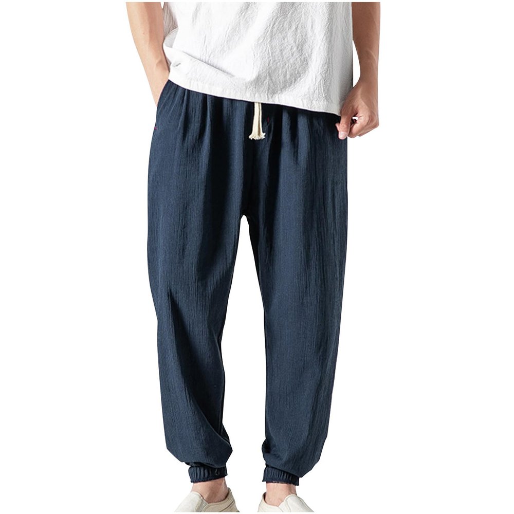 Harem Pants Men with Pockets Plus Size Drawstring Tapered Pants Elastic Waist Casual Summer Joggers Lounge Trousers Navy