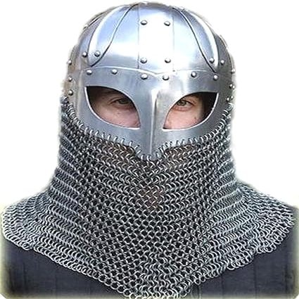 NineFit Basics Viking Helmet Battle Armor 18G Steel Chainmail Reenactment Knight Helmt SCA LARP, Silver