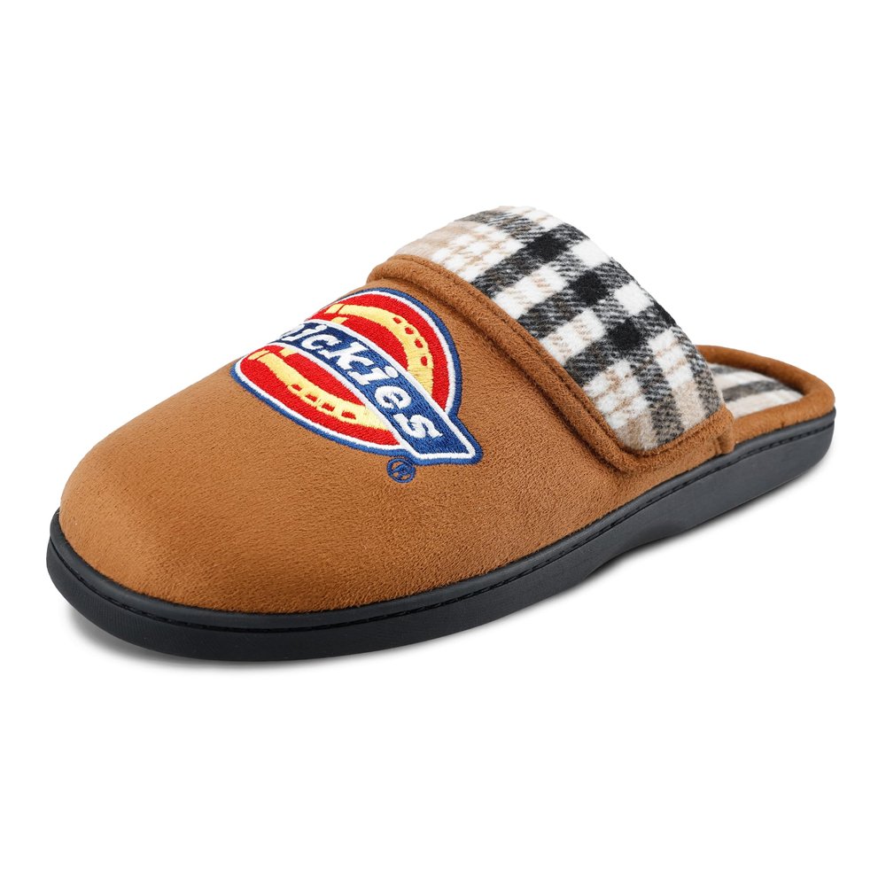 Dickies Men's Microsuede Plaid Fold-Over Scuff Slipper with Embroidered Logo