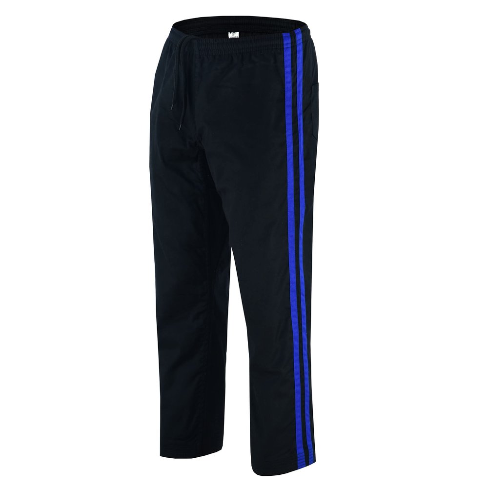 JAGUAR PRO GEAR - Stripped Karate Bottom Pants 8oz Light Weight for MMA Martial Arts Kids Adults Unisex (Black With Blue Stripes, 1)