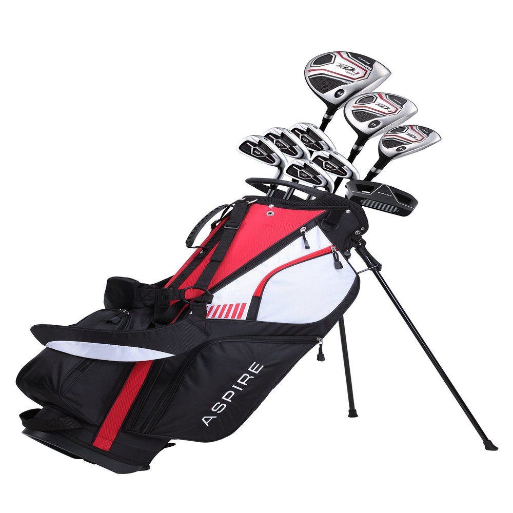 Aspire Golf Club Set for Men, Right Handed, Set Includes: 460cc Driver, #3 Wood, 21 Hybrid, No. 6-9 Irons, Pitching Wedge, Deluxe Putter, Stand Bag, and 3 Matching Head Covers, Black/red