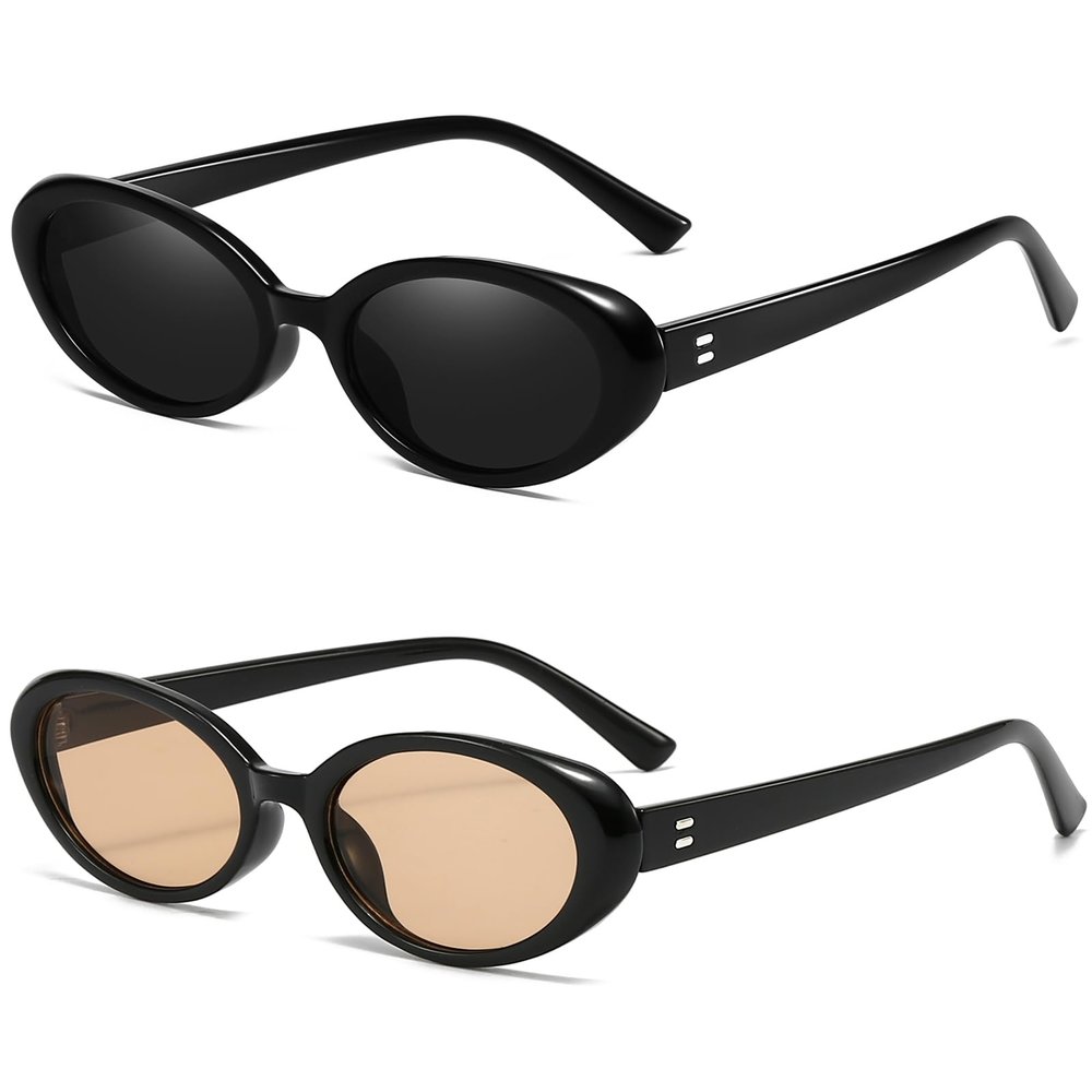 Breaksun Retro Oval Sunglasses for Women Men Fashion Small Oval Sunglasses 90s Vintage Shades (Black/Grey+Black/Brown)