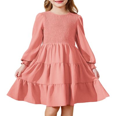 Arshiner Girls Fall Dress Kid Boho Long Sleeve Shirred Smocked Tiered Flowy Midi Semi Formal Wedding Solid Party Dresses with Pockets Pink 11-12 Years