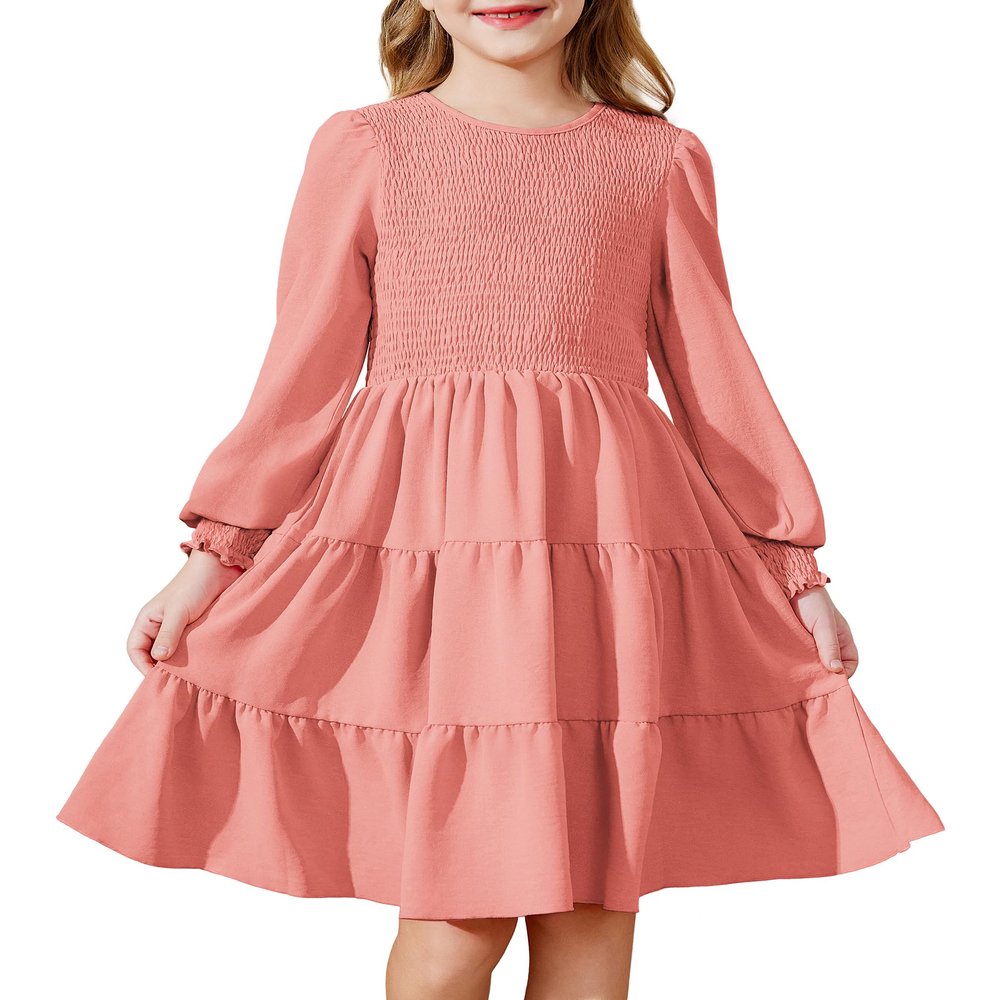 Arshiner Girls Fall Dress Kid Boho Long Sleeve Shirred Smocked Tiered Flowy Midi Semi Formal Wedding Solid Party Dresses with Pockets Pink 11-12 Years