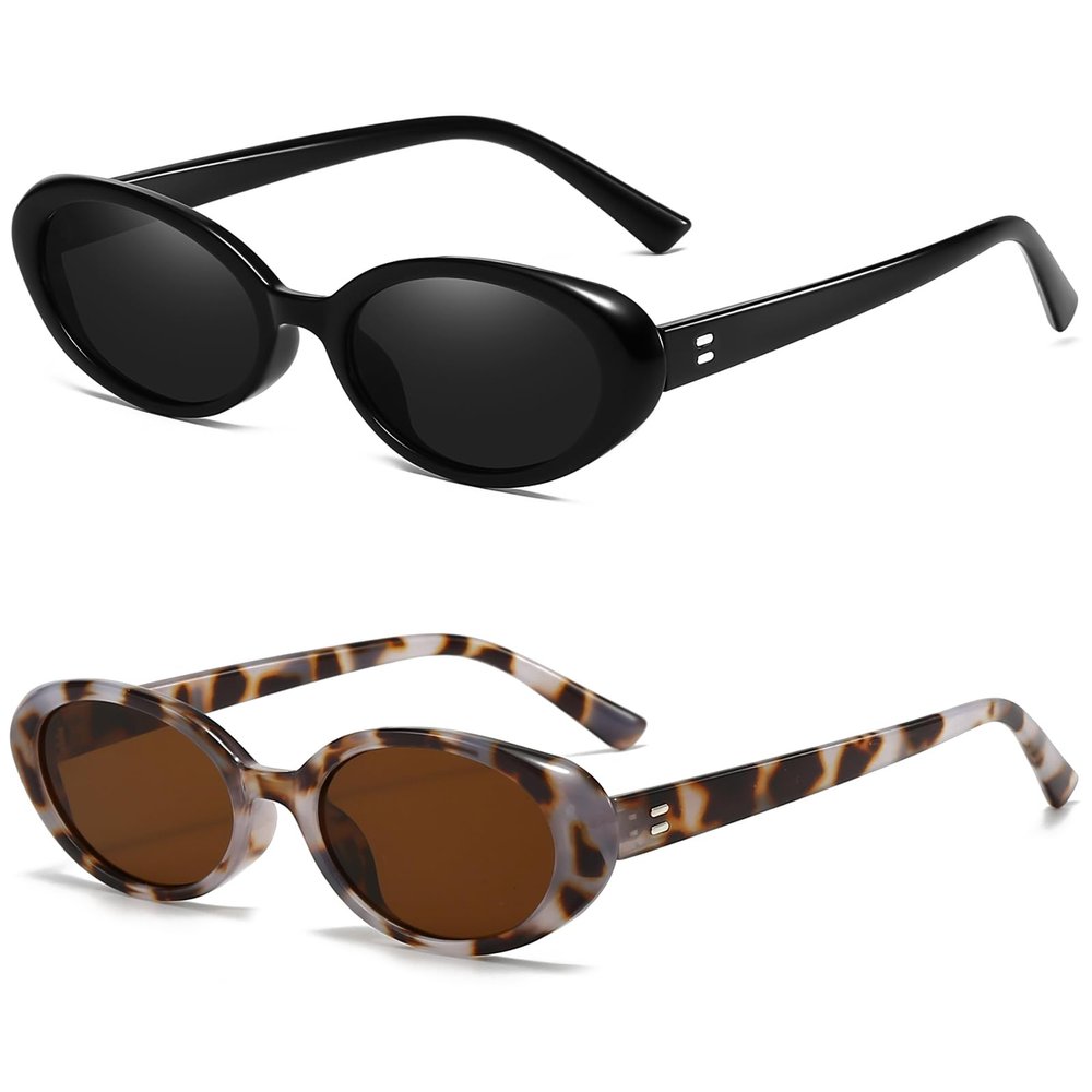 Breaksun Retro Oval Sunglasses for Women Men Fashion Small Oval Sunglasses 90s Vintage Shades (Black/Grey+Yellow Tortoise/Brown)
