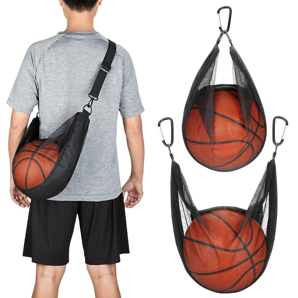 HEDUGO Single Ball Bag with Zipper Pocket Mesh Shoulder Bag with Buckle Clip Sport Equipment Storage Net for Carrying Multiple Sports - Basketball, Soccer, Volleyball, Rugby & More