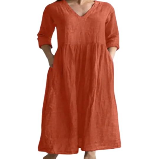 Akivide Women Cotton Linen Casual V Neck Midi Dress Summer Loose Half Sleeve Flowy Beach Tunic Tshirt Dress with Pocket