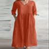 Akivide Women Cotton Linen Casual V Neck Midi Dress Summer Loose Half Sleeve Flowy Beach Tunic Tshirt Dress with Pocket view 2