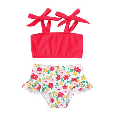 YOUNGER TREE Toddler Girls Two Pieces Swimsuit Color Block Stripe Swimwear Summer Beach Bathing Suit 18M-5TRed#Flower 18-24 Months
