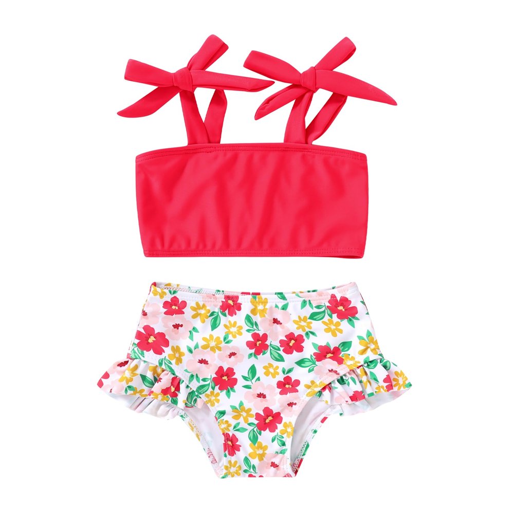 YOUNGER TREE Toddler Girls Two Pieces Swimsuit Color Block Stripe Swimwear Summer Beach Bathing Suit 18M-5TRed#Flower 18-24 Months
