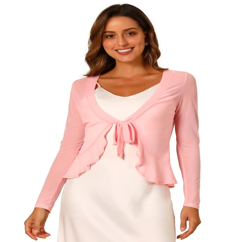 Allegra K Ruffle Mesh Shrug for Women's Long Sleeves Self Tie Casual Bolero Cardigan Large Pink