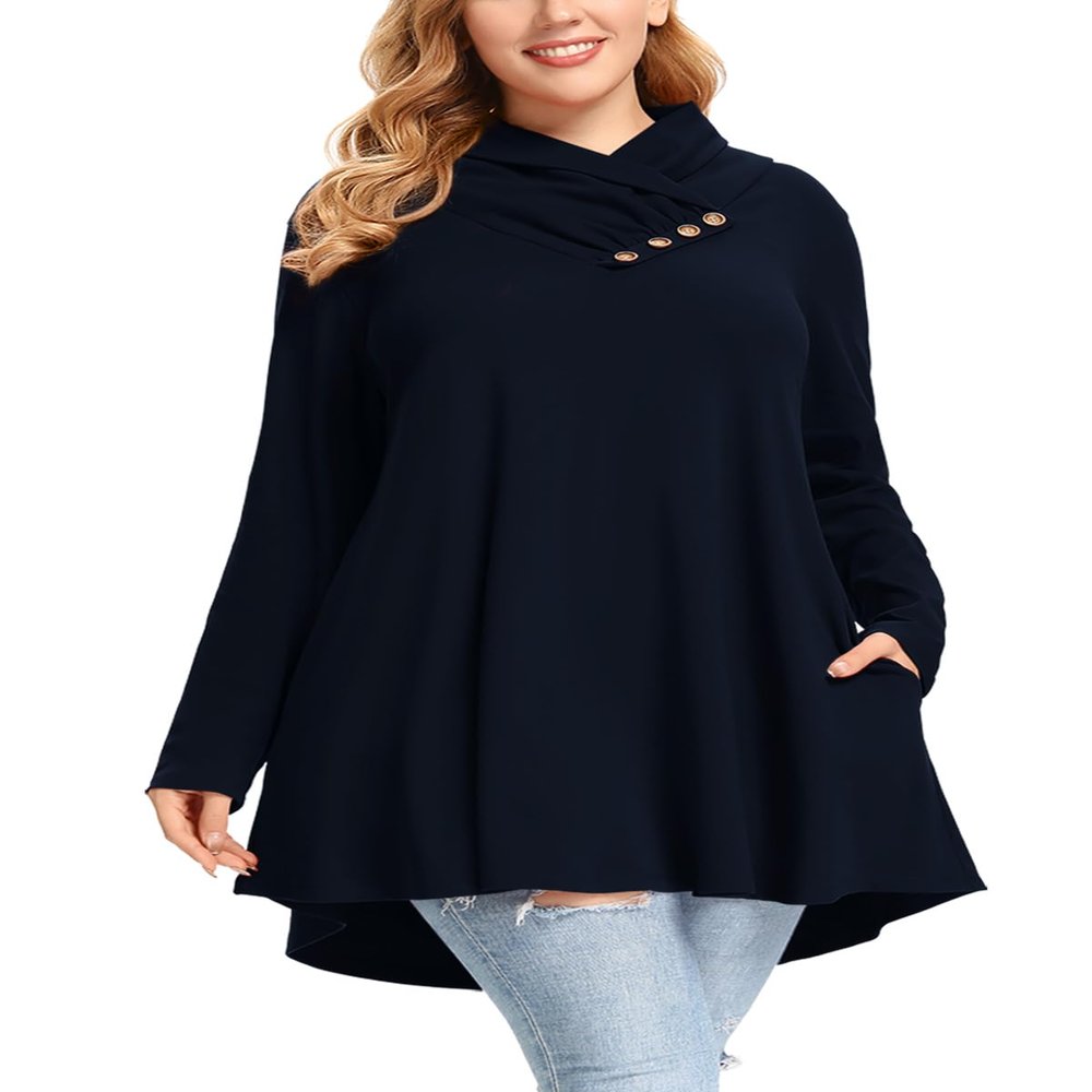 LARACE Cowl Neck Sweatshirts For Women Plus Size Tops With Pockets Long Sleeve Tunic Casual Pullover Button Down Shirt (Darkblue M)