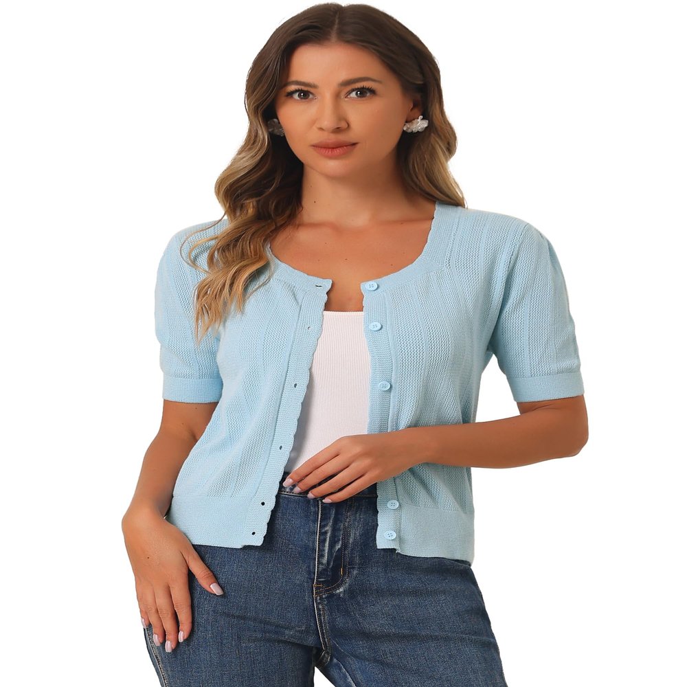 Allegra K Short Sleeve Cardigan for Women's Casual Crochet Knit Button Up Bolero Sweater Tops Medium Blue