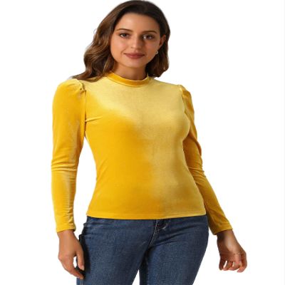 Allegra K Velvet Tops for Women's Puff Long Sleeve Mock Neck Vintage Christmas Shiny Metallic Blouse X-Small Yellow