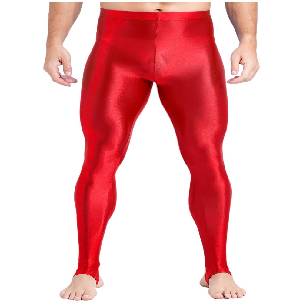 easyforever Men's High Waist Stirrup Leggings Tummy Control Compression Pants Workout Yoga Tights Red Large