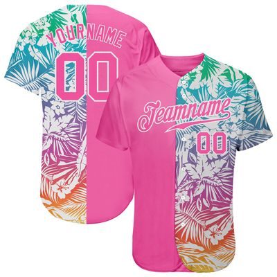 Custom Pink Baseball Jerseys for Women Youth Girls, Personalized Softball T-Shirts with Flowers Leaves Printed, Design Button Up Sports Uniform with Stitched Name Number Logo Front and Back