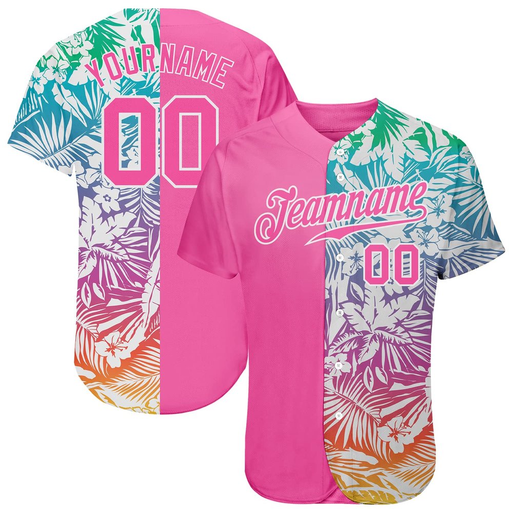 Custom Pink Baseball Jerseys for Women Youth Girls, Personalized Softball T-Shirts with Flowers Leaves Printed, Design Button Up Sports Uniform with Stitched Name Number Logo Front and Back