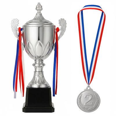 Dorhui Award Trophy 16.5 Inch Large Winner Trophy Cup and Award Medal with Ribbon for Kids and Adults for Sports, Competitions, Tournaments (Silver)