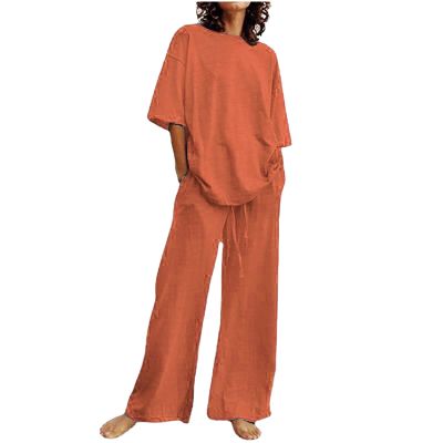 Rkwins Women 2 Piece Linen Dressy Pants Set Summer Floral Print Linen Outfits Casual Lounge Sets Short Sleeve and Pants Set