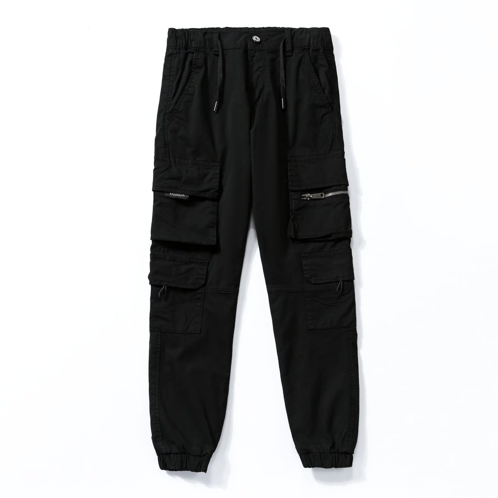 LANZIYAYA Outdoor Hiking Trousers for Boys Kids Cargo Pants with Pockets Drawstring Elastic Jogging School Pant (US, Age, 12 Years, Black)
