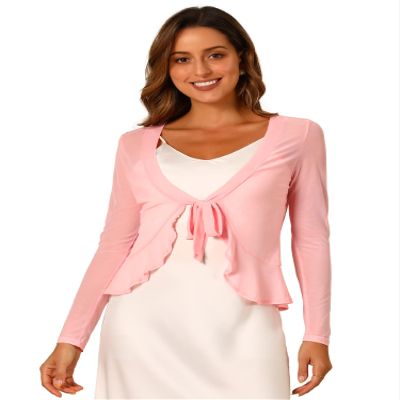 Allegra K Ruffle Mesh Shrug for Women's Long Sleeves Self Tie Casual Bolero Cardigan X-Large Pink