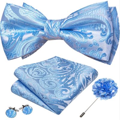 YOHOWA Mens Bow Tie Set Blue Pre-tied Bowties Adjustable with Handkerchief Cufflinks Wedding Prom Party