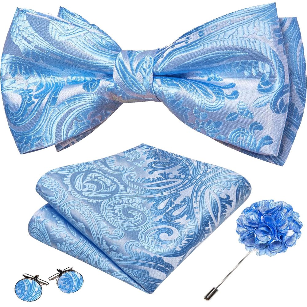 YOHOWA Mens Bow Tie Set Blue Pre-tied Bowties Adjustable with Handkerchief Cufflinks Wedding Prom Party