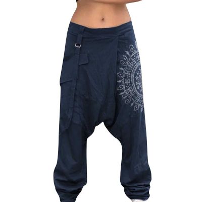 Mens Casual Harem Pants Baggy Linen Boho Yoga Jogger Pants Elastic Waist Vintage Hippie Drop Crotch Trousers Plus Size A- Dark Blue