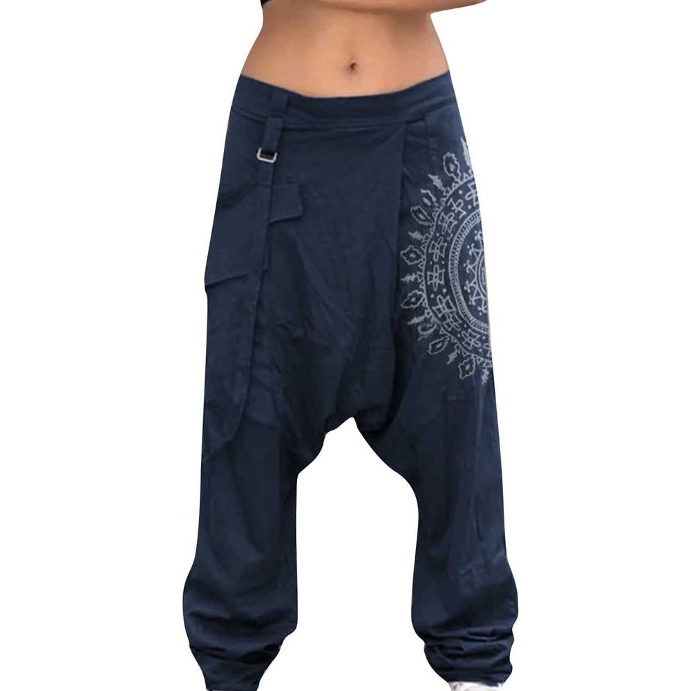 Mens Casual Harem Pants Baggy Linen Boho Yoga Jogger Pants Elastic Waist Vintage Hippie Drop Crotch Trousers Plus Size A- Dark Blue