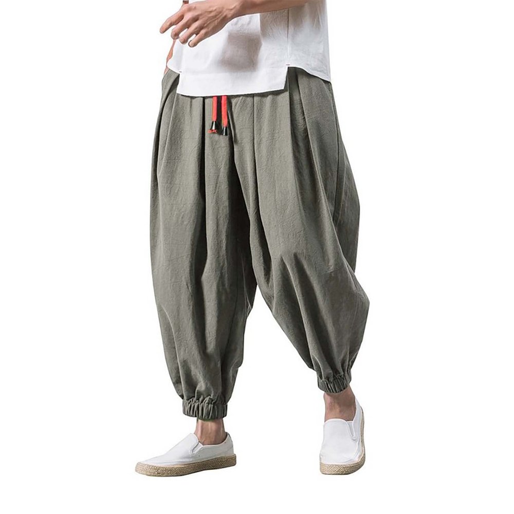 Mens Casual Harem Pants Baggy Linen Boho Yoga Jogger Pants Elastic Waist Vintage Hippie Drop Crotch Trousers Plus Size B- Grey