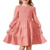 Arshiner Girls Fall Dress Kid Boho Long Sleeve Shirred Smocked Tiered Flowy Midi Semi Formal Wedding Solid Party Dresses with Pockets Pink 7-8 Years view 1