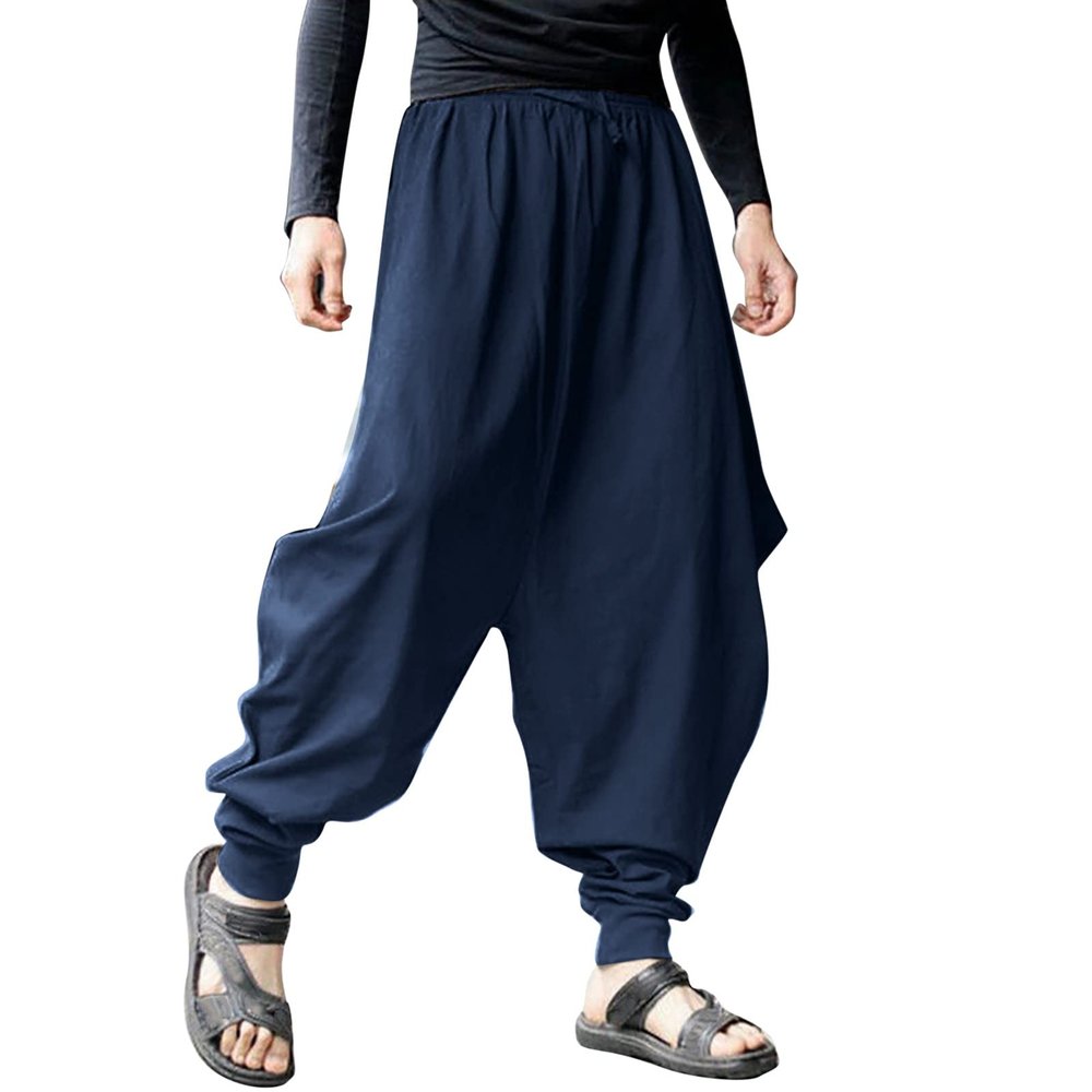 Mens Casual Harem Pants Baggy Linen Boho Yoga Jogger Pants Elastic Waist Vintage Hippie Drop Crotch Trousers Plus Size D- Navy