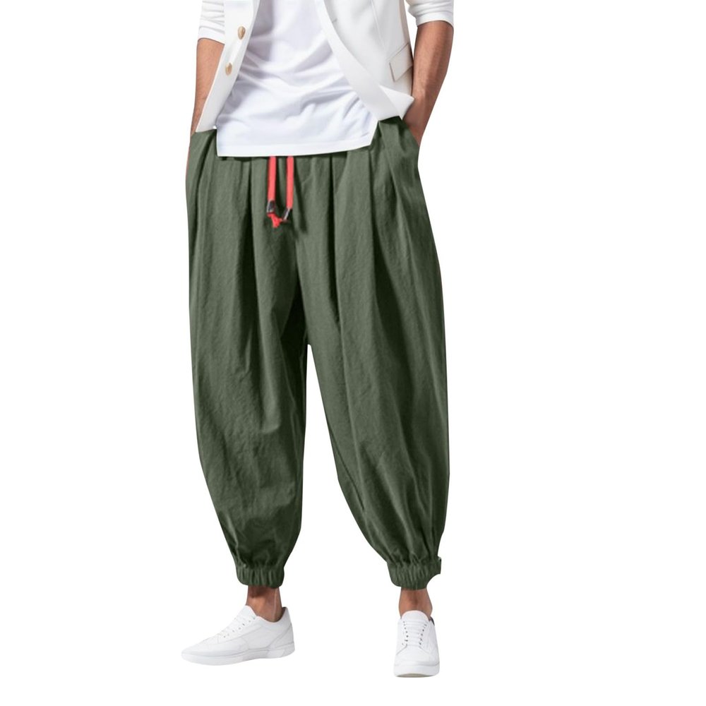 Mens Casual Harem Pants Baggy Linen Boho Yoga Jogger Pants Elastic Waist Vintage Hippie Drop Crotch Trousers Plus Size
