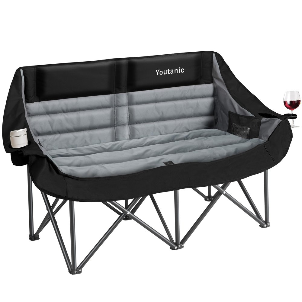 Youtanic Oversized Double Camping Chair, Folding Loveseat Camping Couch with Pocket, Cup Holder and Carry Bag, Heavy Duty Portable Camping Chairs for Adults, Fishing, Sports, Trip, up to 660lbs, Black